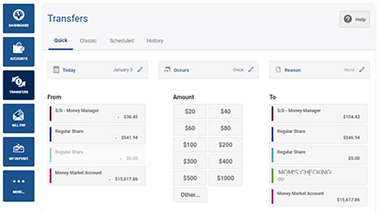 Quick transfers in online banking